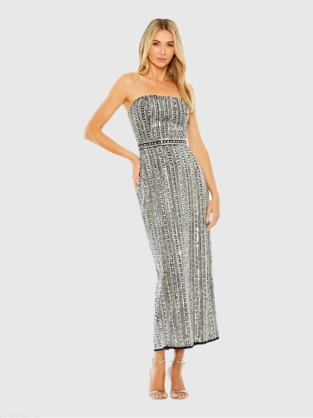 Mac Duggal 93831 Black and Silver Embellished Strapless Sheath Dress Size 8 NWT